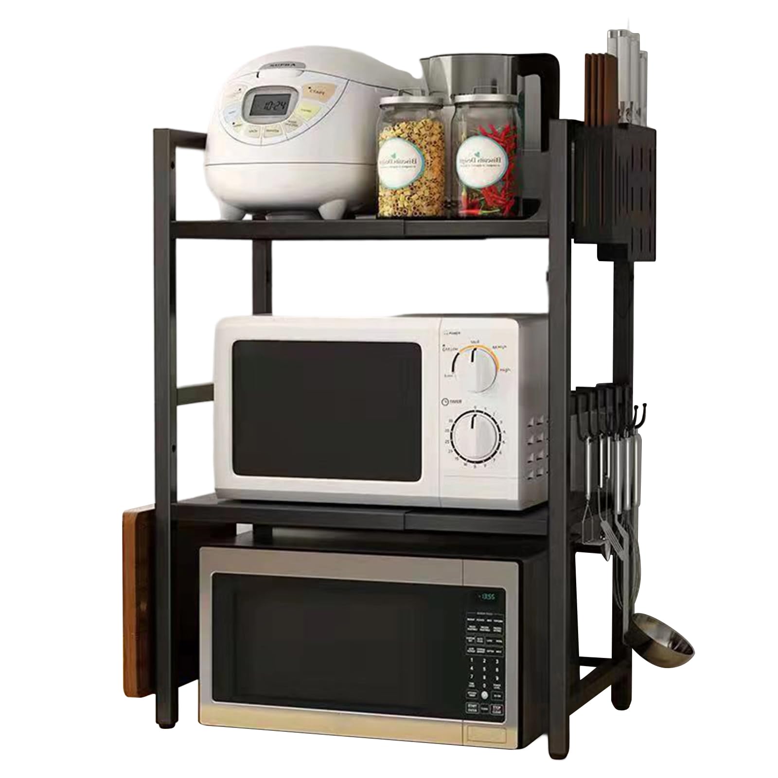 Estante ajustable para microondas de 3 niveles, estante de cocina extensible con 4 ganchos, soporte para tabla de cortar y soporte para utensilios, para microondas, horno, freidora de aire