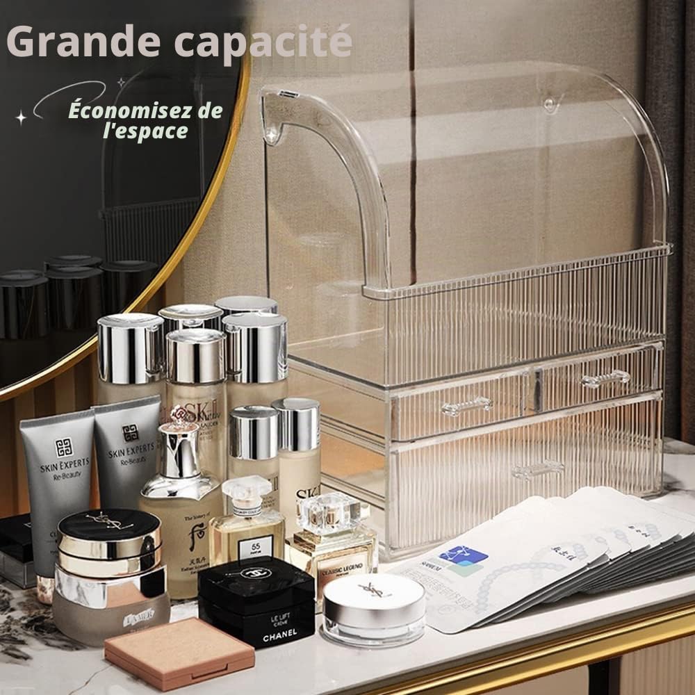 Organisateur de maquillage de rangement, boîte de rangement pour cosmétiques en acrylique de grand format avec tiroirs, boîte de rangement pour parfum et maquillage avec couvercle étanche pour