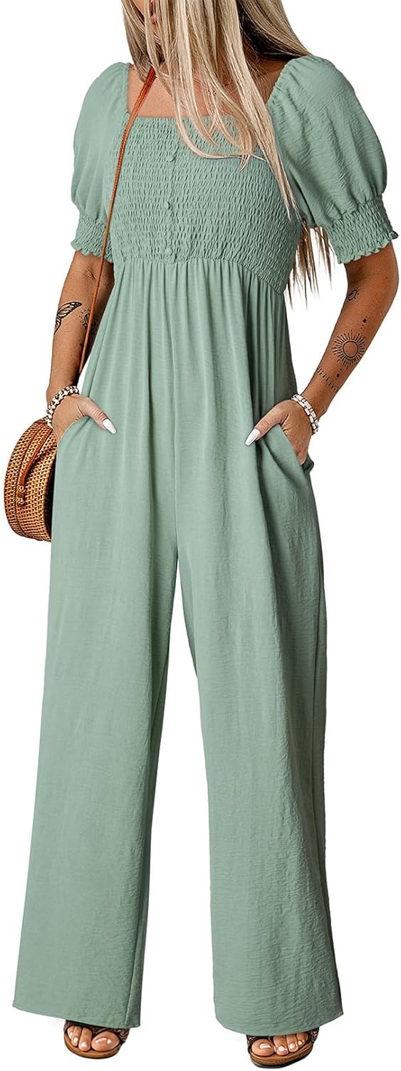 Dokotoo Jumpsuits for Women 2026 Summer Lantern Sleeves Rompers Wide Leg Casual Overalls with Pockets