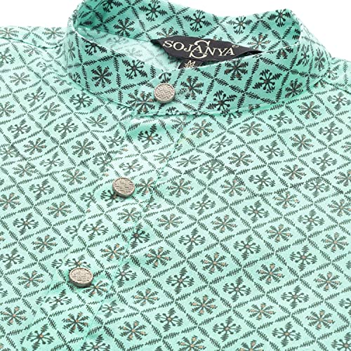 Image of SOJANYA (Since 1958 Men's Cotton Linen Blue Foil Printed Kurta and White Pyjama Set