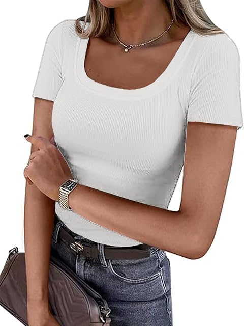 Cicy Bell Damska koszulka z krótkim rękawem, dekolt w kształcie litery U, prążkowana, krój slim fit, top, na lato, stretch Basic Tee