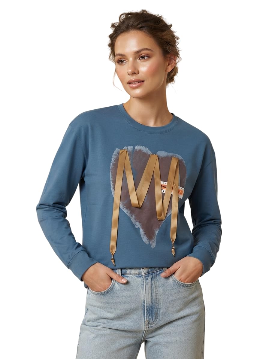 Women's Graphic Sweatshirt | Full Sleeve Round Neck Regular Fit Cotton Blend Pullover with Ribbon & Heart Print | Casual Winter Top for Women | L | Steel Blue-picture-11