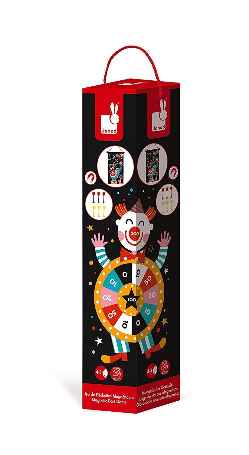 Janod - Magnetisches Dartspiel mit Zirkus-Motiv, doppelseitig, Geschicklichkeitsspiel, zum Erlernen von Agilität und Konzentration, 6 Pfeile, ab 4 Jahren, J02074