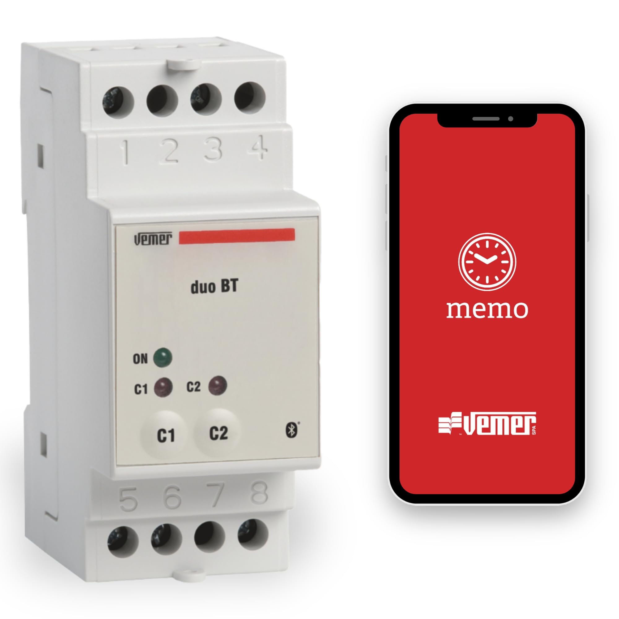 VEMER VE799900 DUO BT – Interruptor Horario Astronómico con Bluetooth y App, Temporizador con 2 Relés, 2 Módulos DIN, Blanco