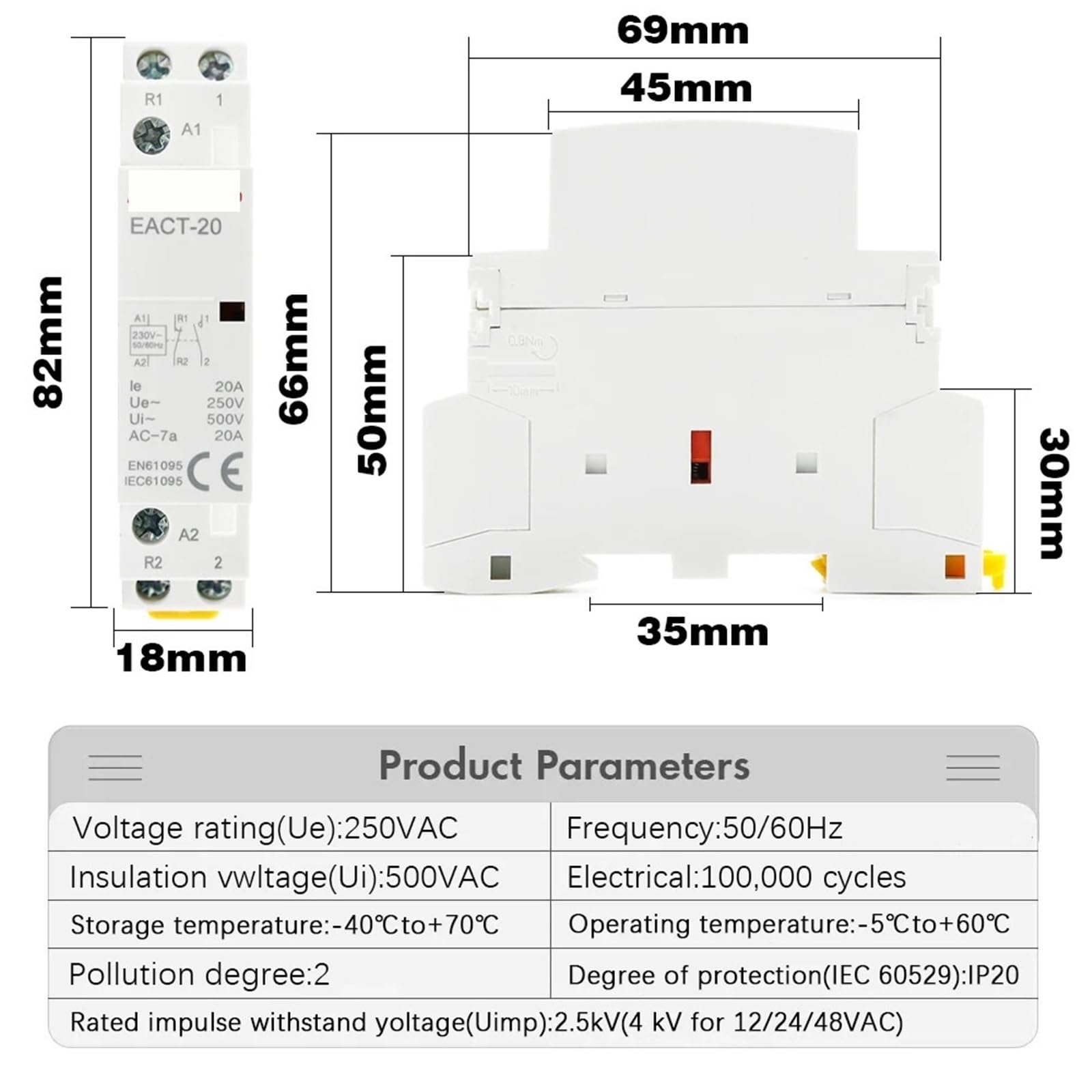 Contactor CA modular doméstico de montaje en riel DIN, CA 220 V, CA 230 V, 2 polos, 16 A, 20 A, 25 A, 2 NC, 2 NA, 1 NA, 1 NC, 50/60 Hz, for casas inteligentes, hoteles.(2P 20A,2NO)