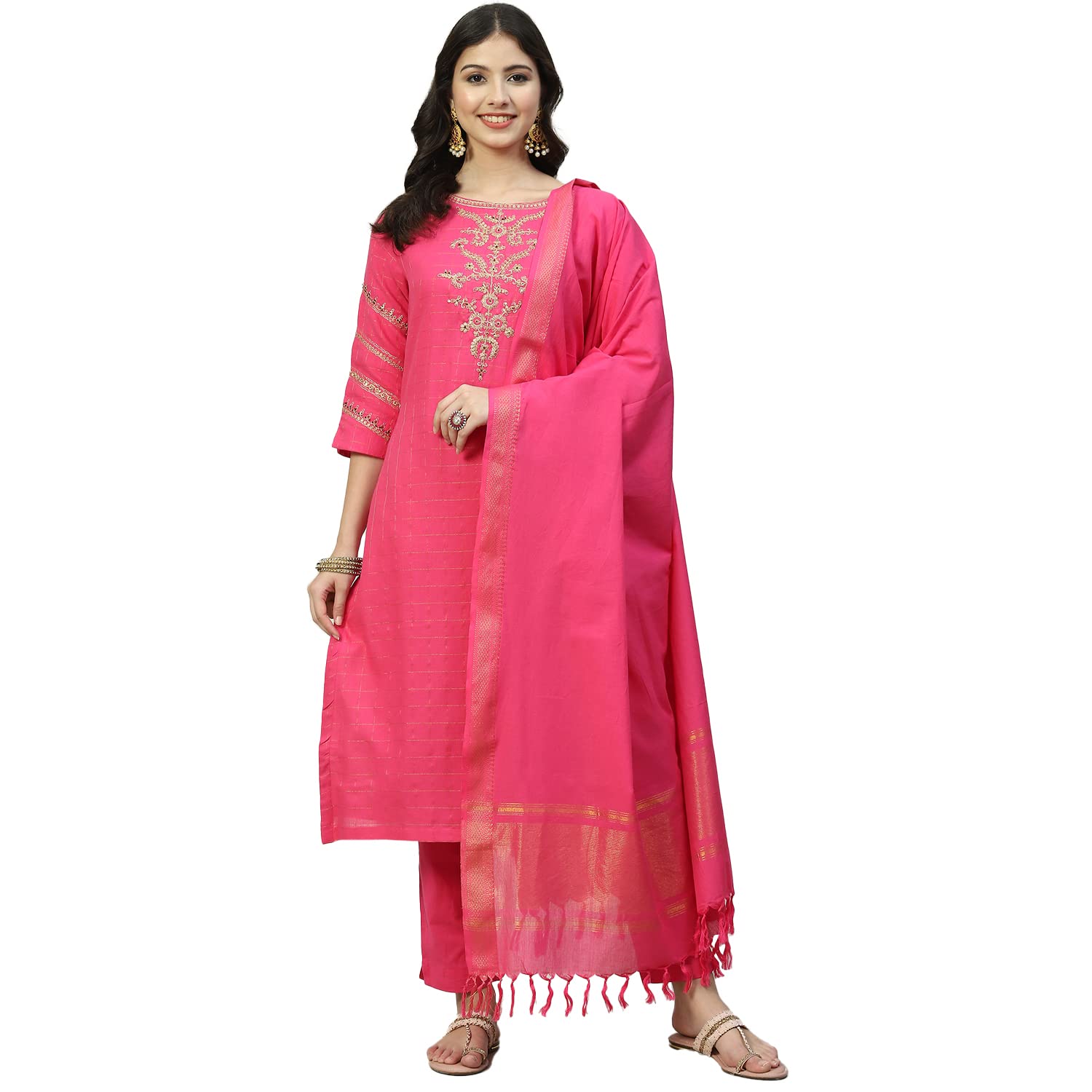 biba Women Metallic Cotton Straight Kurta Slim Pant Suit Set-picture-42