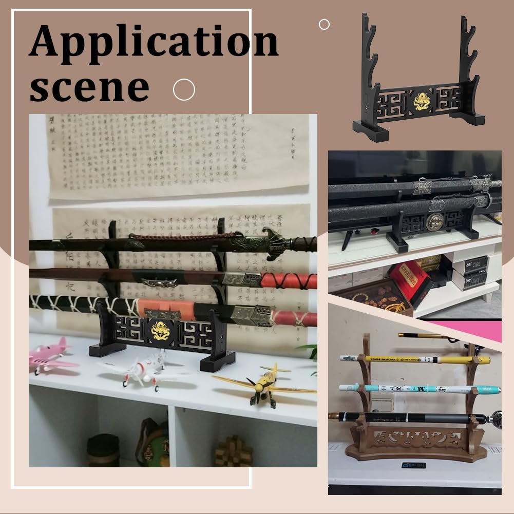 PH PandaHall Schwertständer, 3-Etagen Holz Katana Display Stand Japanischer Samurai-Schwert-Halter Display Hanger Rack mit Silberdrachen für Lichtschwert Katana Wakizashi Tanto Genji, Schwarz, 1 Pack