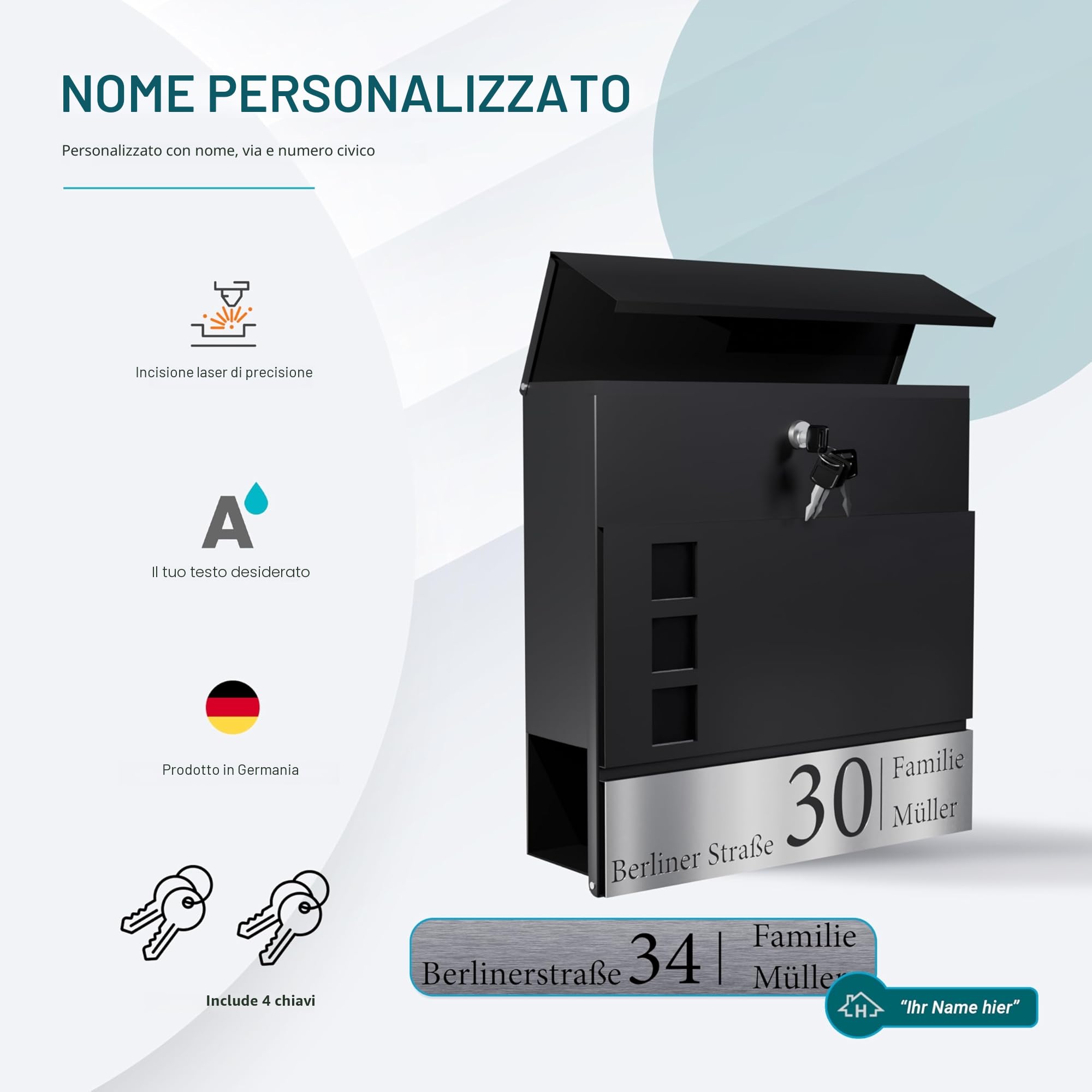 Bl4ckPrint Cassetta delle lettere personalizzata con scomparto per giornali, colore antracite, con nome, strada e numero civico, cassetta delle lettere da parete di alta qualità, con 4 chiavi