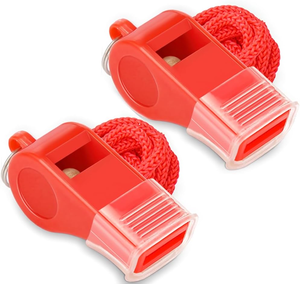 Hipat Red Emergency Whistles with Lanyard & Mouth Grip, Loud Crisp Sound, Plastic Whistle Ideal for Lifeguard, Self-Defense and Emergency