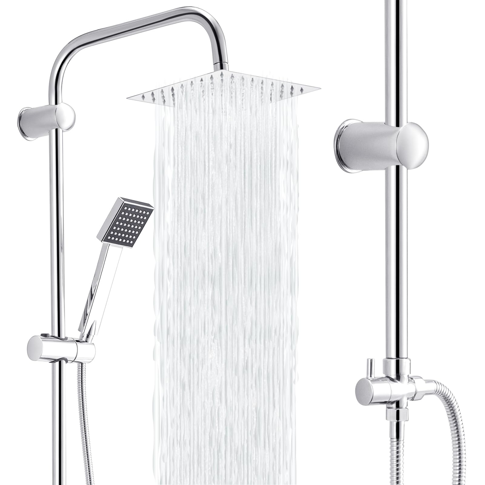 Shower Set with Overhead Rain Shower Wall Mounted Adjustable Temperature Twin Head Shower System (8 Inches Square)