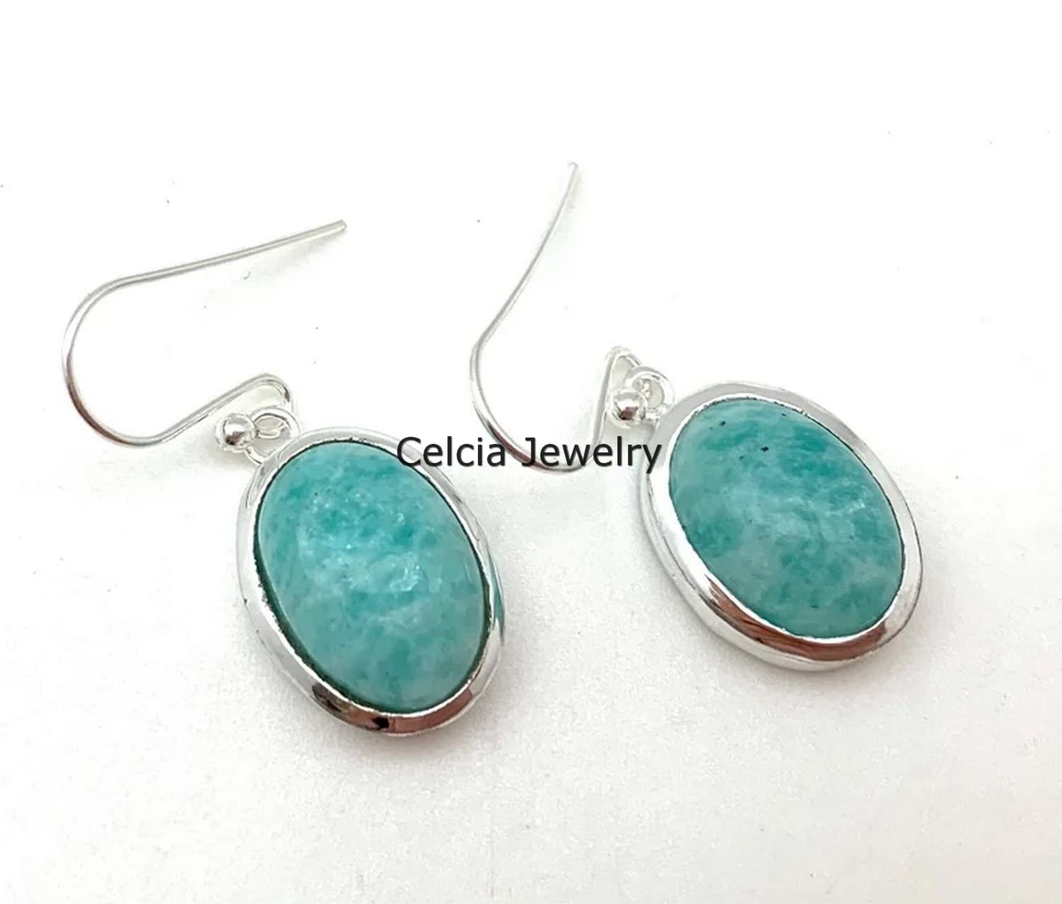 Pendientes colgantes de lágrima de plata de ley 925 auténtica para mujer, pendientes artesanales únicos de piedra preciosa azul natural de amazonita ovalada para ella