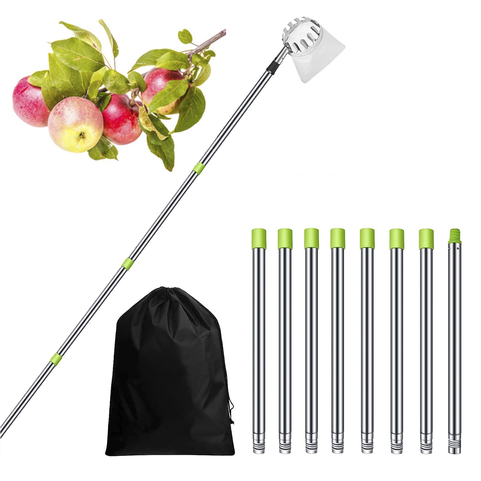 Raccogli Frutta 3.2M, Raccoglitore Frutta Regolabile in Altezza con Pali di Estensione in Acciaio Inox,Strumento Raccoglitrice di Frutta per Raccolta Frutta Mela Pera Limone Arancia e più
