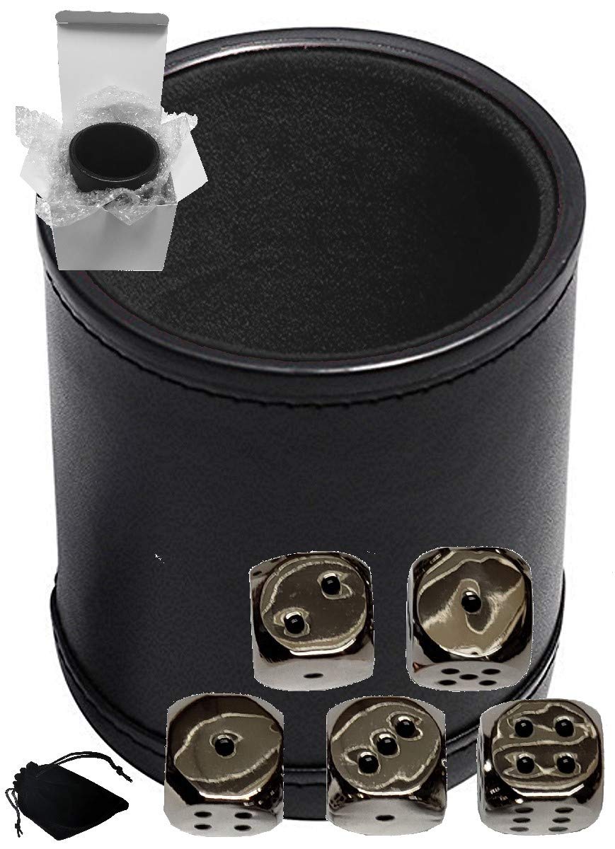 Cyber-Deals Lot de dés en cuir synthétique noir avec doublure en feutre noir + dés en alliage de zinc de 16 mm, boîte cadeau (nickel, noir)