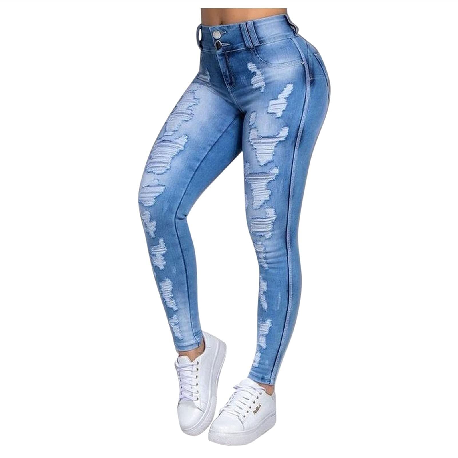 Pantalones Vaqueros Rasgados De Cintura Alta Para Mujer, Pantalones Vaqueros Ajustados Elásticos, Pantalones Vaqueros De Tiro Alto Para Mujer, Pantalones Vaqueros Ajustados
