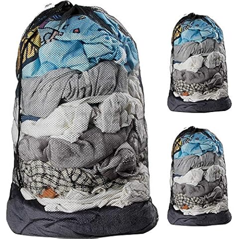 Plusmart Mesh Laundry Bags with Drawstring, 24" x 36" Extra Large Laundry Bags with Staps, for Travel, College Dorm, Apartment, Family, 3 Pack, Black, Machine Washable Cover