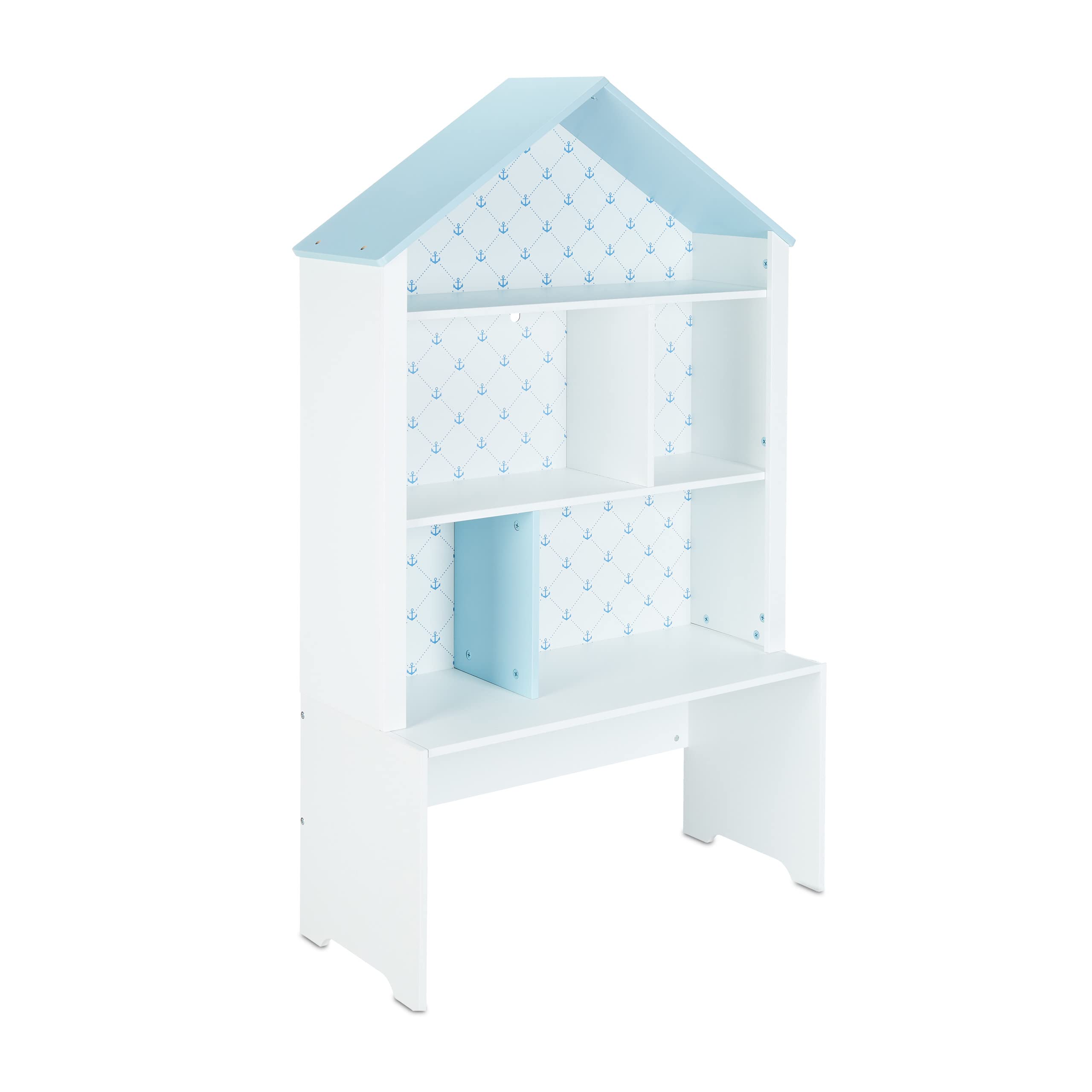 Relaxdays Estantería Infantil, Organizador Juguetes con Timón, 5 Estantes, 2 Cajas con Ruedas, 128x75x34cm, Blanco/Azul, Tablero de Fibras