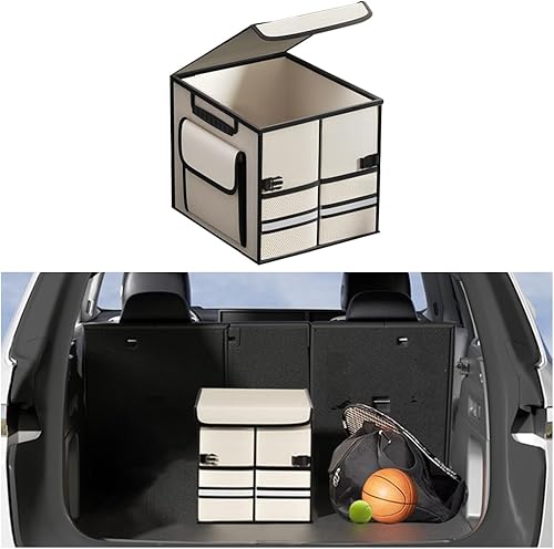 Organizador de maletero de coche, organizador de almacenamiento de carga para vehículo plegable con múltiples compartimentos con tapa, caja de Beige