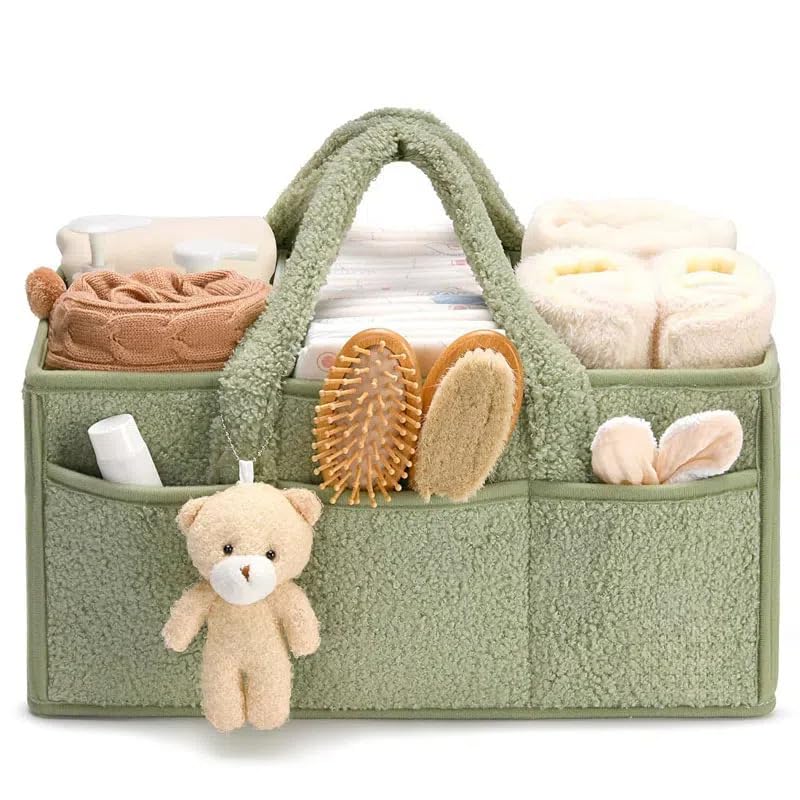 EHOTER Baby Nappy Caddy Organiser with Removable Dividers Portable Baby Diaper Caddy Nursery Storage Baskets Baby Wipes Bag Newborn Essentials Gifts for Mum Baby (Green)