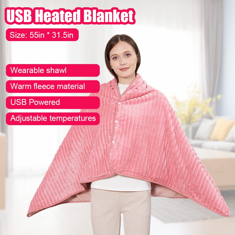 WOOLALA Couverture châle chauffante USB en polaire avec fermeture à pression, 3 réglages de température pour la maison, le bureau, l'extérieur, lavable en machine (140 x 80 cm)