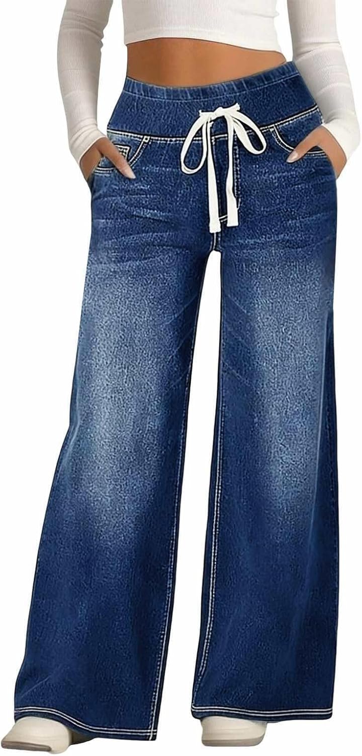 Womens Wide Leg Jeans High Waist Straight Leg Pull On Denim Pants Y2k Summer Casual Baggy Drawstring Palazzo Trouser