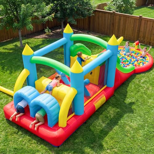 Hapfan Inflatable Obstacle Course for Kids, 2- in -1 Wet & Dry Bounce House with Ball Pit, Slide, Tunnel & Climbing Wall - Design for Indoors & Outdoors, 680W Blower Included