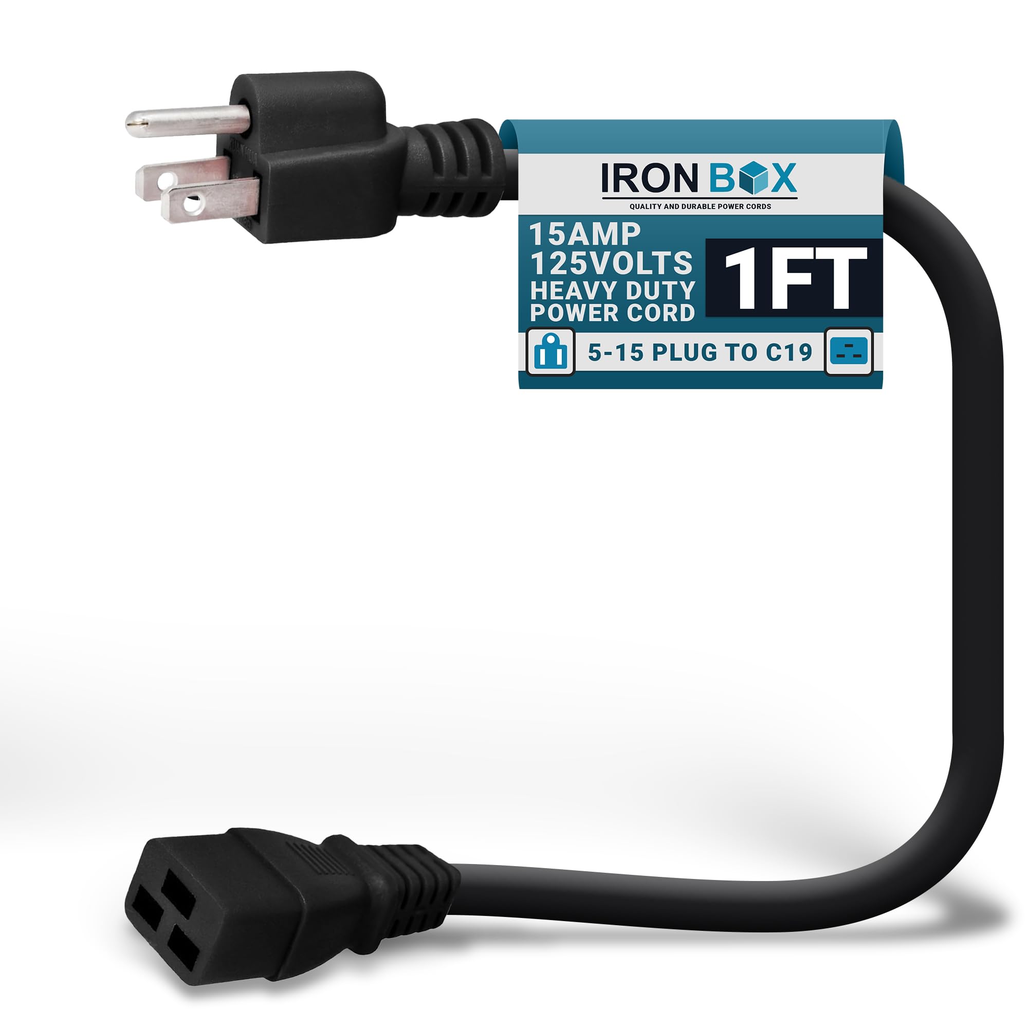 IronBox Electric - Heavy Duty 5-15P to C19 Power Cord - 15A, 125V, 14/3 SJT Jacket - Computer Power Supply Extension Cords - PSU Wire Connectors -