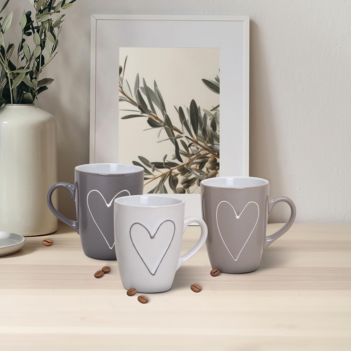 Tassen 36er Set Herz in weiß beige grau - Keramik Kaffeetassen in 250ml für Tee Kaffee Cappuccino - Moderne Kaffeebecher spülmaschinenfest und mikrowellengeeignet als Geschenk