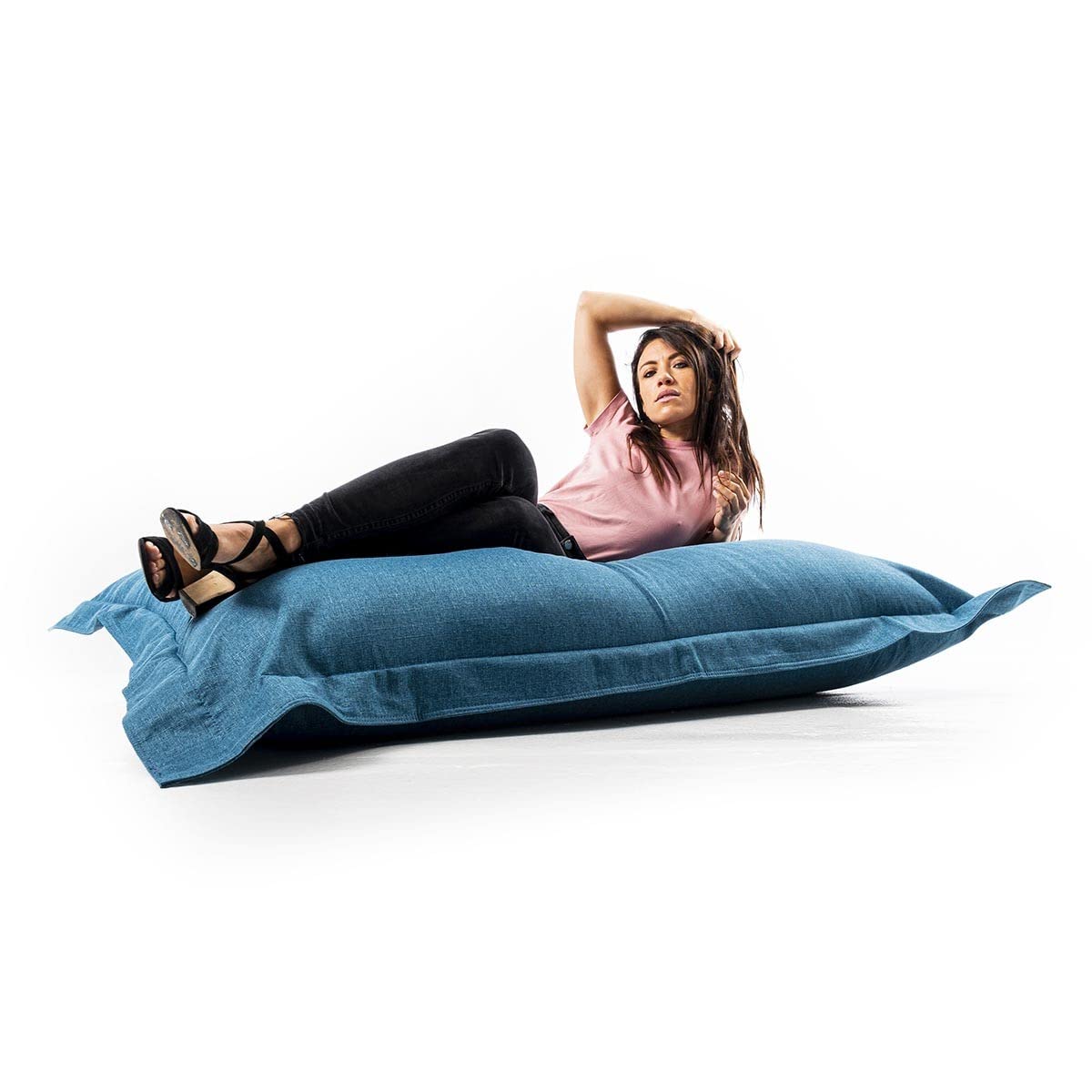 LIVEDECO - Pouf Géant Lin Intérieur Salon, Déhoussable, Cocooning Bleu Canard BiG52