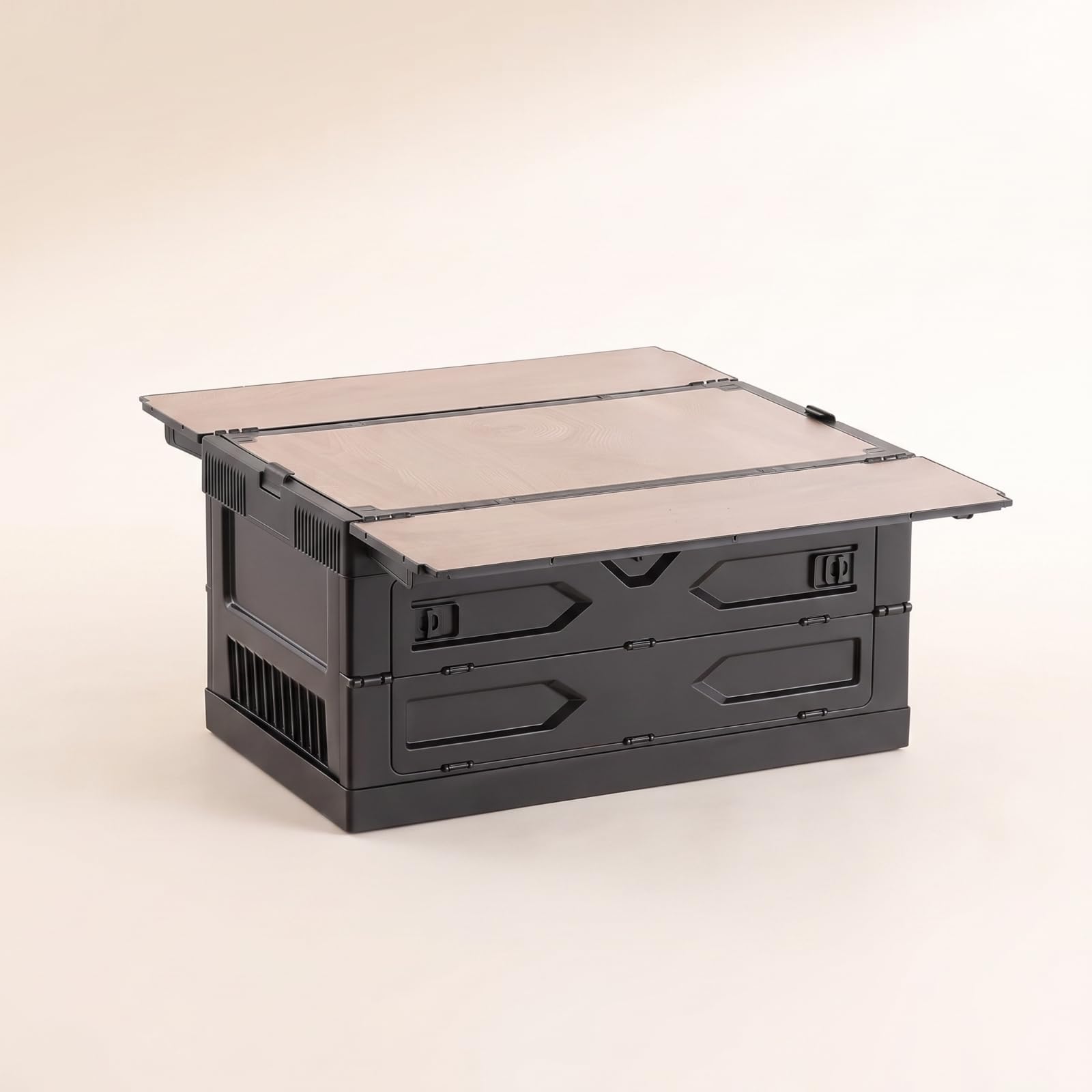 Faltbox mit Holz faltbar klappbox mit Frontöffnung klappbar Campingtisch Stauraum für Wohnmobilbesitzer, Camping, Kofferraum, Grauweiß, Flache Oberfläche Ohne Halterung