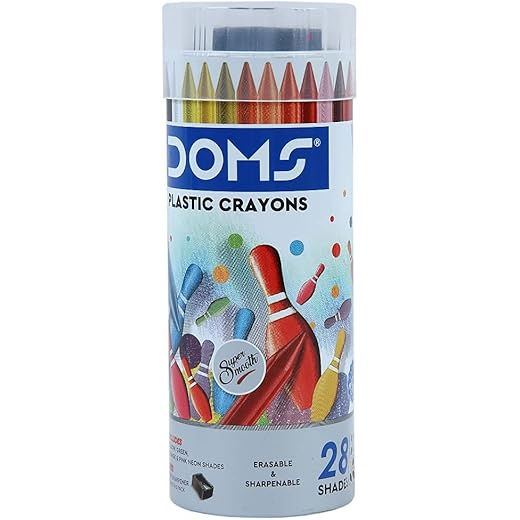 Doms 28 Shades Erasable Plastic Crayons Round Tin Box | Smooth & Even Shading | Bright & Playful Colors | Free Sharpner Inside | Non-Toxic & Safe For Childrens | Pack of 1