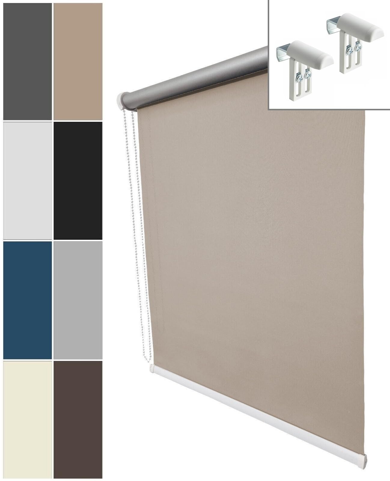 Verdunklungsrollo Thermo Rollo ohne & mit Bohren Sonnenschutz für Fenster Tür lichtundurchlässig B115 x H170 cm Stoff Creme, Klemmfix Verdunkelungsrollo Seitenzugrollo Kettenzugrollo Klemmrollo