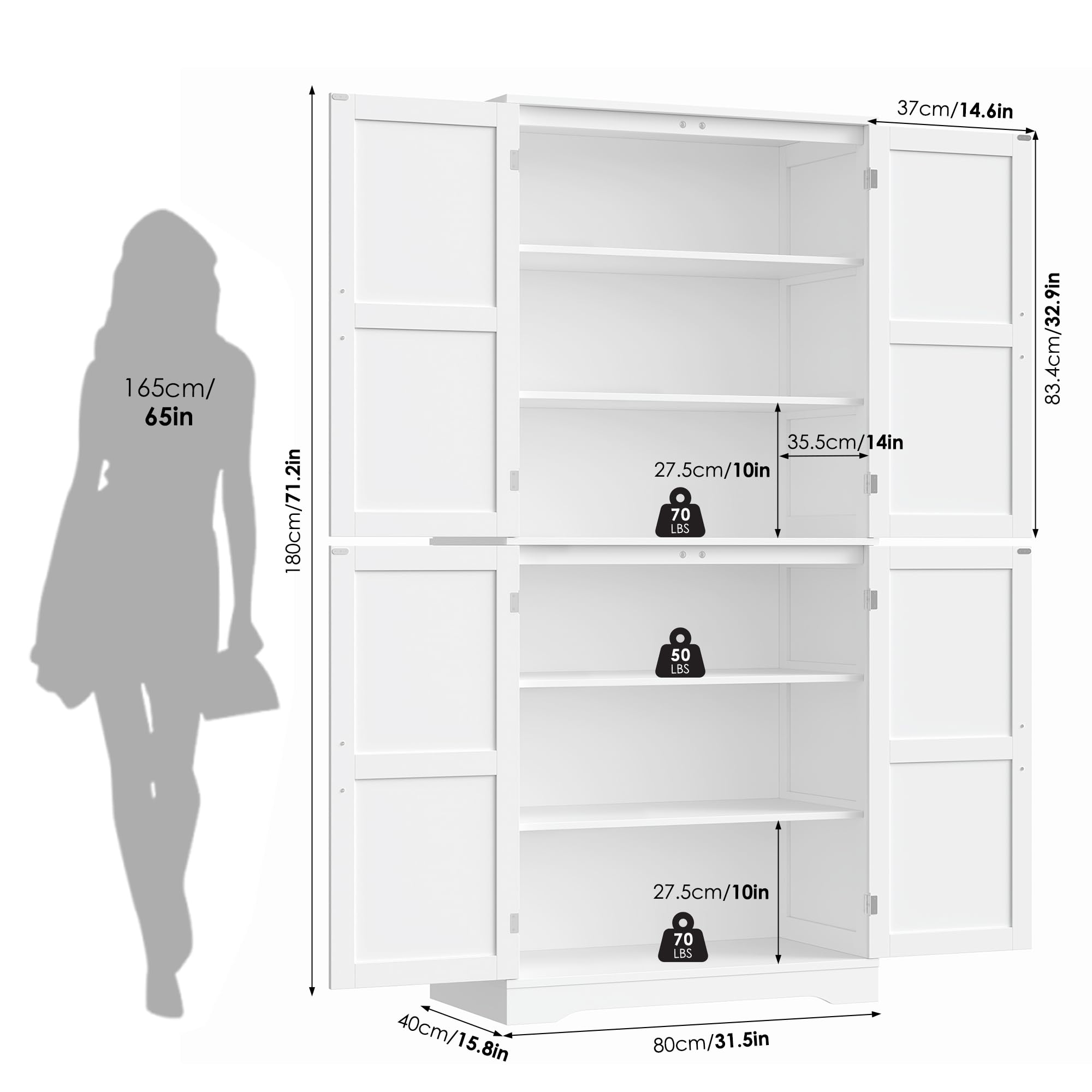 HOCSOK Szafka kuchenna o wysokości 180 cm, z 4 drewnianymi drzwiami, wolnostojąca, szafka kuchenna do salonu, jadalni, nowoczesna, biała