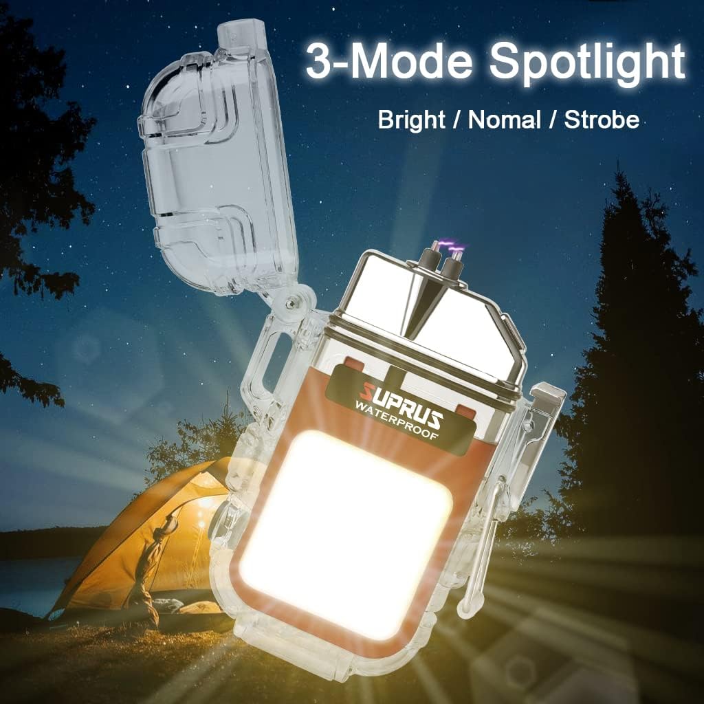SUPRUS Waterproof 3 Modes of Flashlight Windproof Lighter Dual Arc Electric Rechargeable Dual Arc Plasma Lighter with Survival Emergency Whistle and Lanyard (Red, 2Packs)