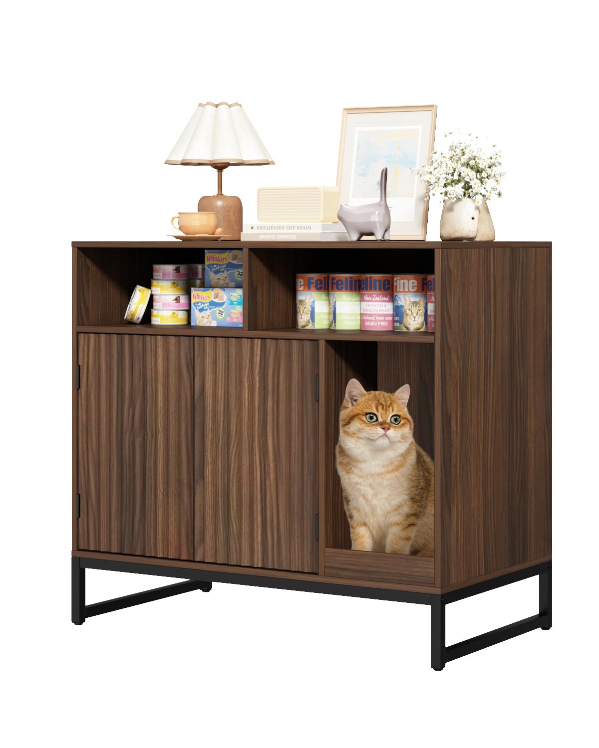 WINWY Cat Litter Box Enclosure, Large Hidden Pet Storage Cabinet Furniture with Waveform Fluted Doors & Scratching Pad, Modern Wooden Cat House Indoor for Washroom, Living Room, Bedroom, Rustic Brown