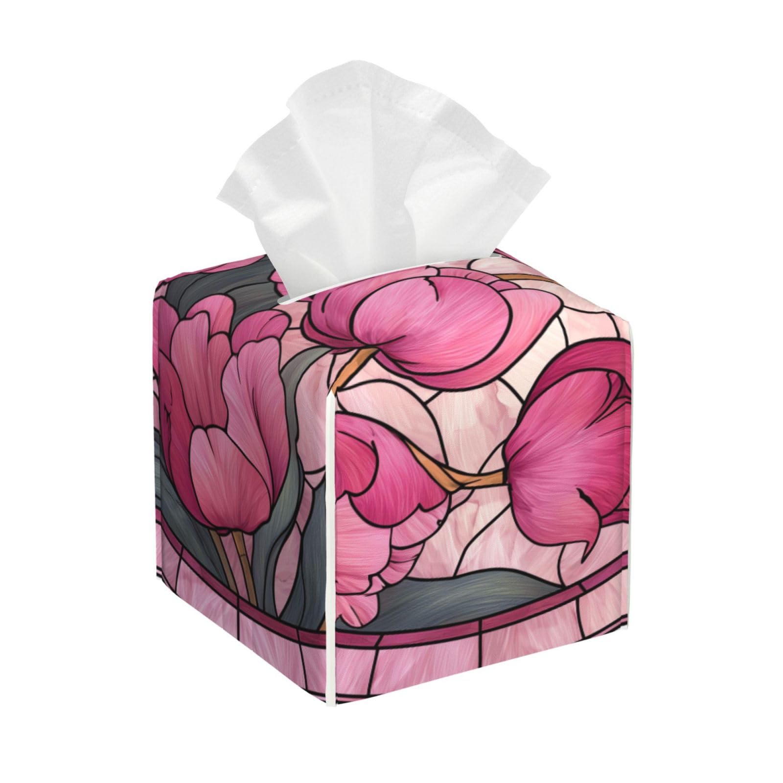 Stained Glass Tulip Pink Flowers Tissue Box Cover Square Pu Leather Waterproof Tissue Box Holder for Car Bathroom Bedroom Office Tabletop Decor
