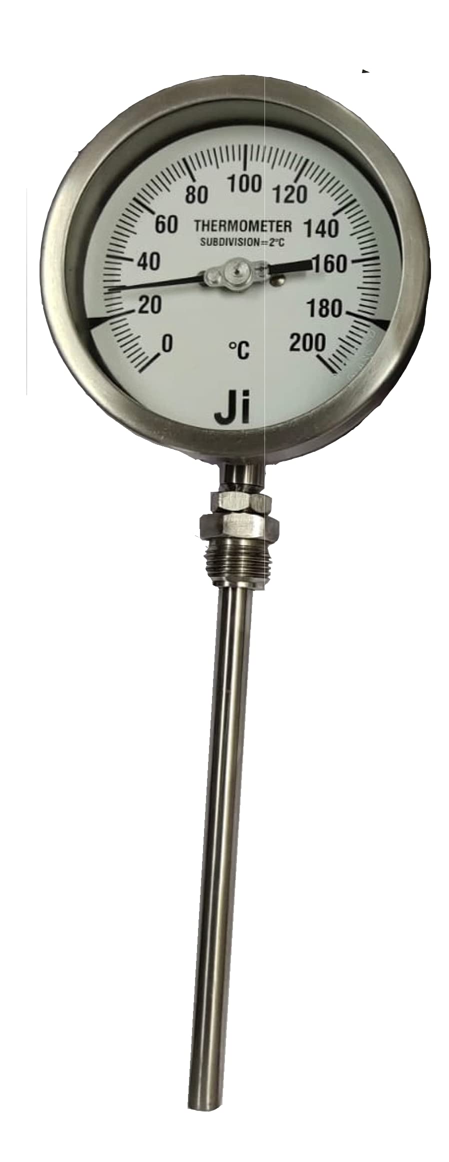 "Ji" Japsin Instrumentation Bimetal Dial Thermometer, 4" Dial, Range 0 to 200 Deg C, Direct Mounting Bottom Entry, Stem Length 150 mm X 10 mm OD, Connection 1/2" BSP (M) Adjustable, MOC SS-image-22