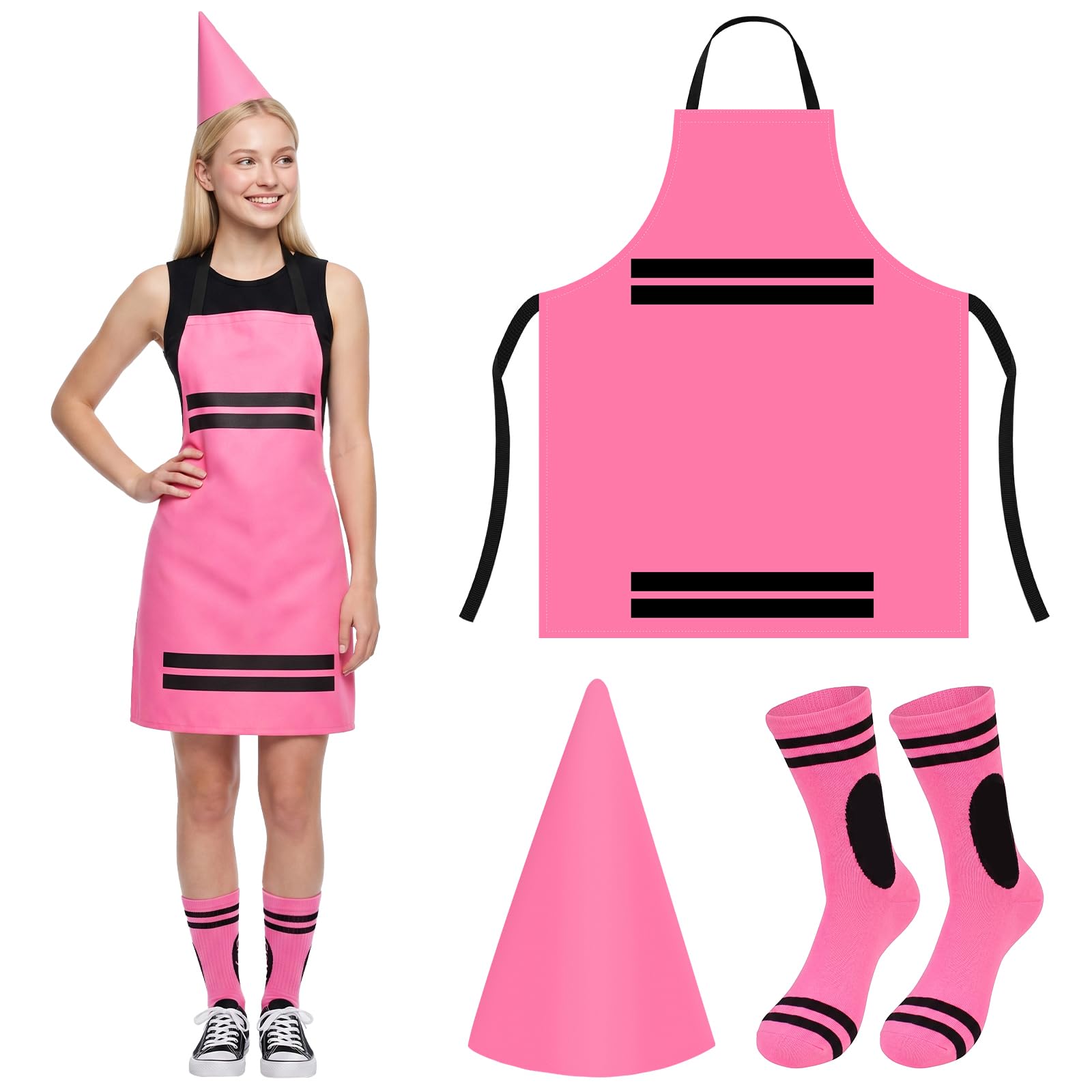 AOOWU Crayon Costume Adult, 3Pcs Pink Crayon Costume Set, Colorful Crayon Fancy Dress with Crayon Apron, Hat & Socks, Unisex World Book Day Costumes, Halloween Party, Christmas Group Cosplay Outfits