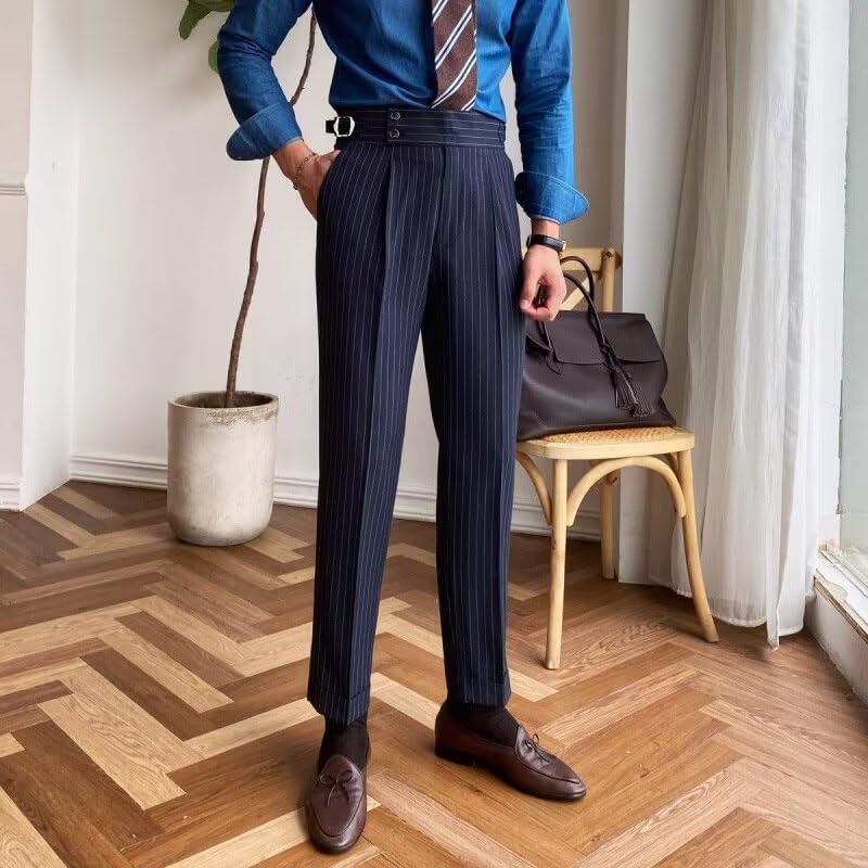 Men's Pinstripe Dress Pants Flat Front Gurkha Striped Suit Pants Slim Fit Lightweight Work Office Business Trousers2