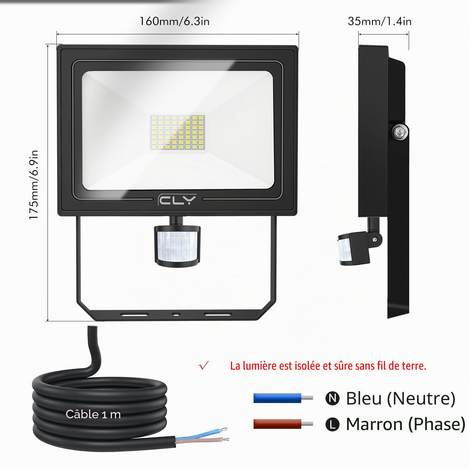 CLY Projecteur LED Détecteur de Mouvement 50W, 4700LM Spot LED Extérieur Étanche IP66 Projecteur Exterieur 6500K Blanc Froid Éclairage Exterieur avec Detecteur Pour Cour Garage Patio Jardin