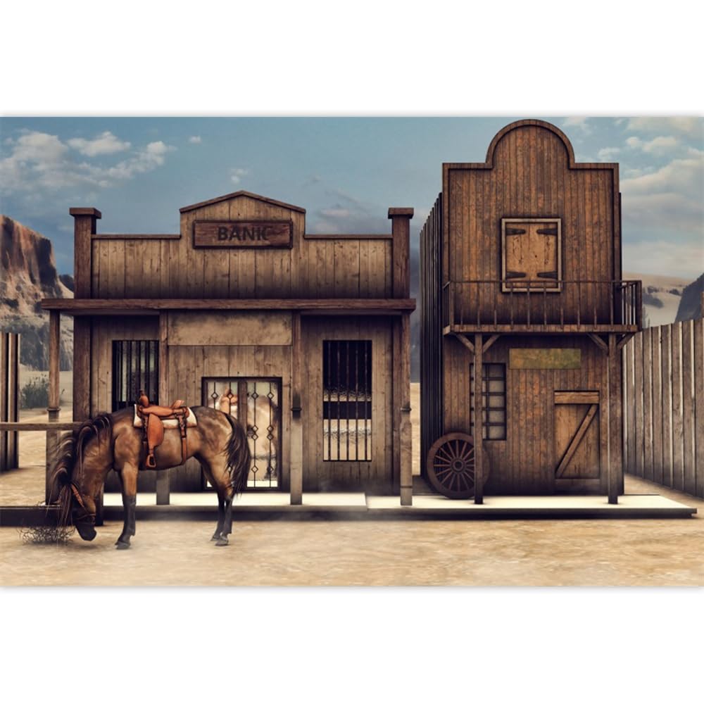 Laeacco 10x8ft Vintage Western Bank Backdrop Retro Wild West Wooden House Photography Background Old Horse Barn Western Cowboy Theme Party Decor