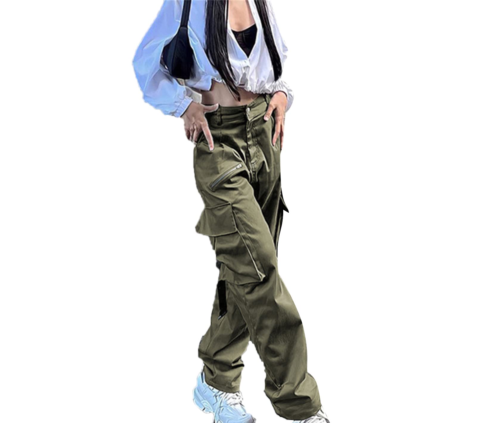 Kmuing Women High Waisted Cargo Pants Vintage Straight Leg