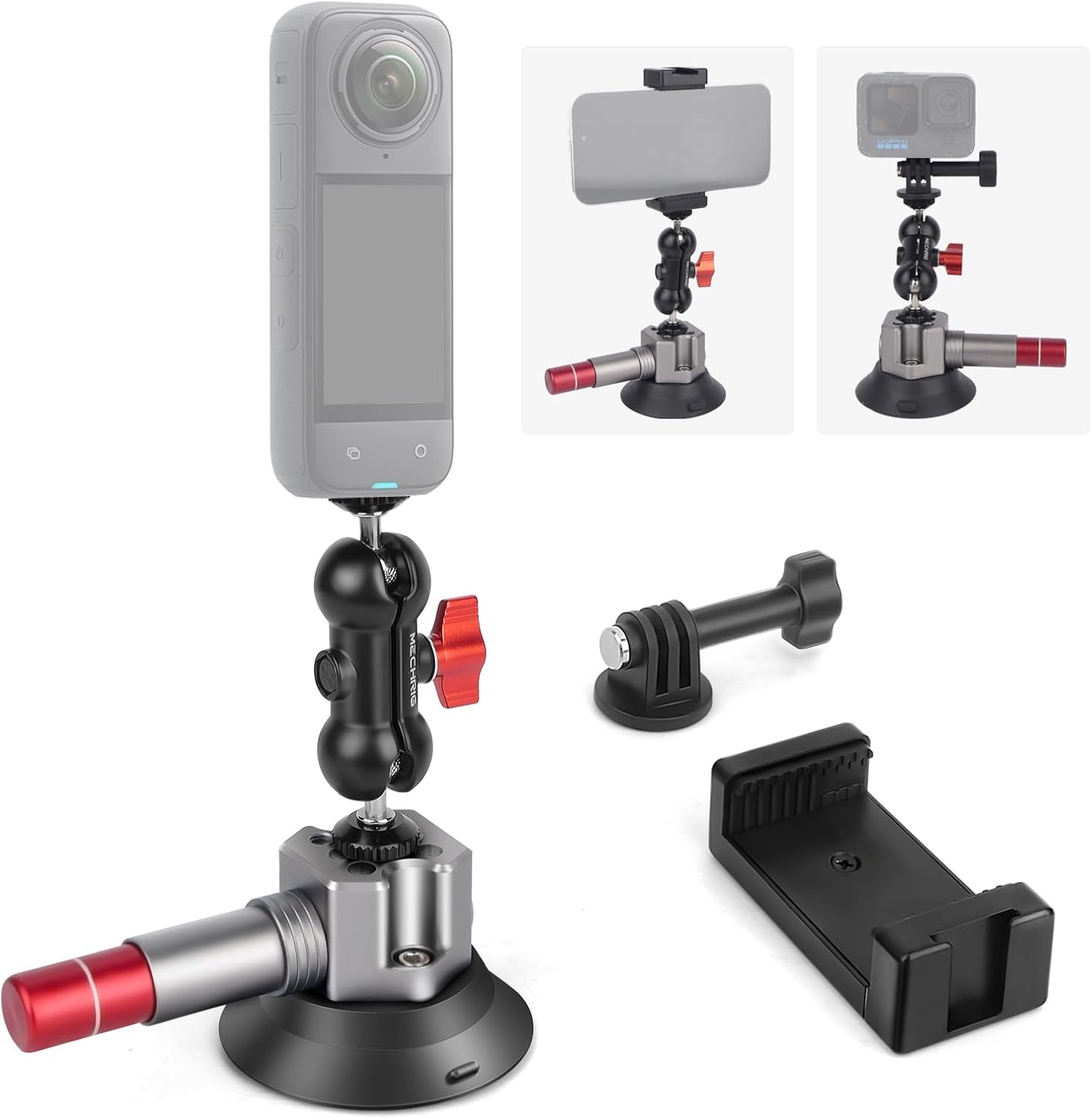 3" Suction Cup Camera Mount Kit,360°Rotating Ball Head Arm with Phone Holder & Action Camera Adapter Quick Release Car Mount,Compatible with iPhone,DJI Osmo, Insta360 for Car,Window,Desk