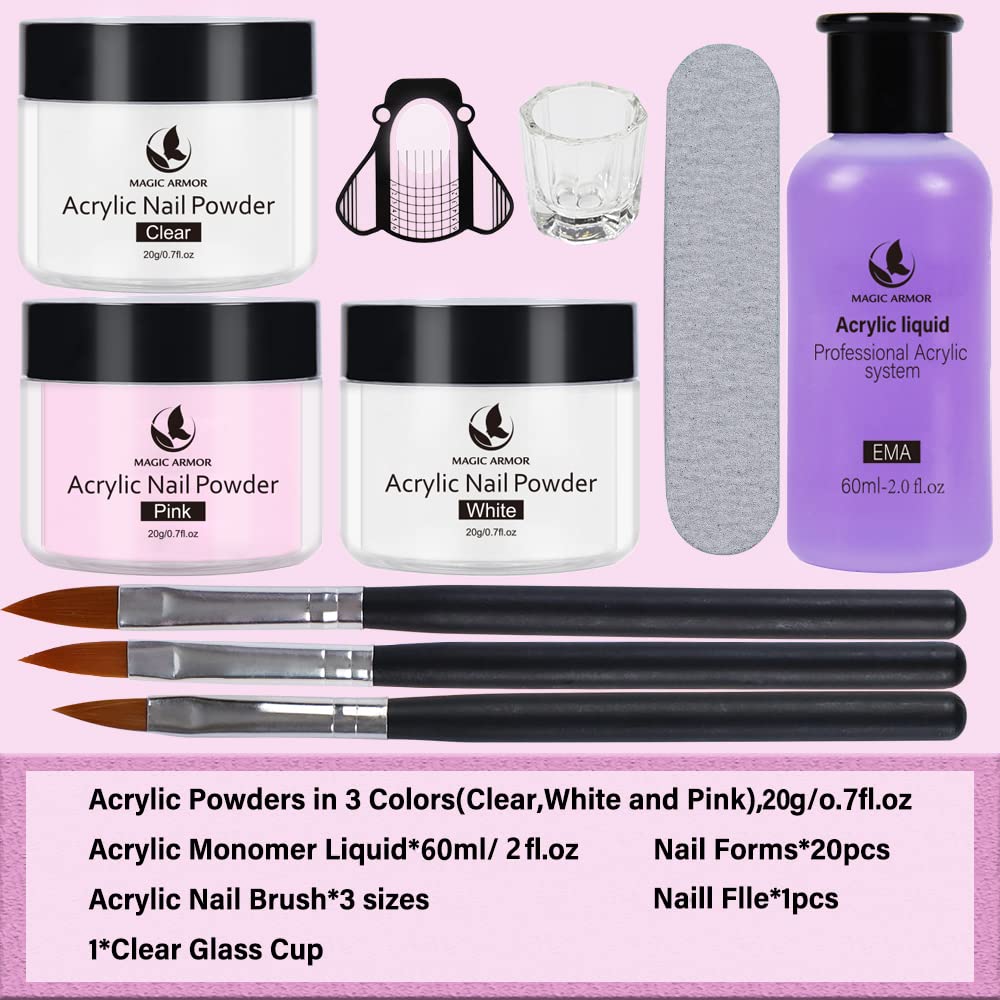 MAGIC ARMOR Set Polvere e 60ML Liquido Acrilico Per Unghie，3 Colori （Polvere Trasparente, Rosa, Bianco) 20g，Adatto a Principianti ed Esperti di Unghie Set Polvere e Liquidi Acrilici