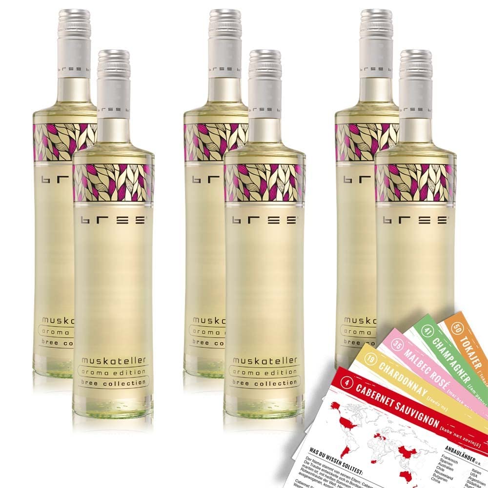 Bree Muskateller QbA, feinherb, sortenreines Weinpaket + VINOX Winecards (6x0,75l)