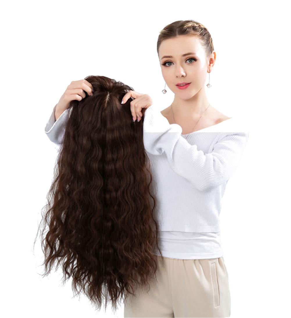 LXUE 23.6" Long Natural Curly Topper Hairpieces with Bangs, Clip on Soft Synthetic Hair Toppers for Women with Thinning Hair, Natural Black