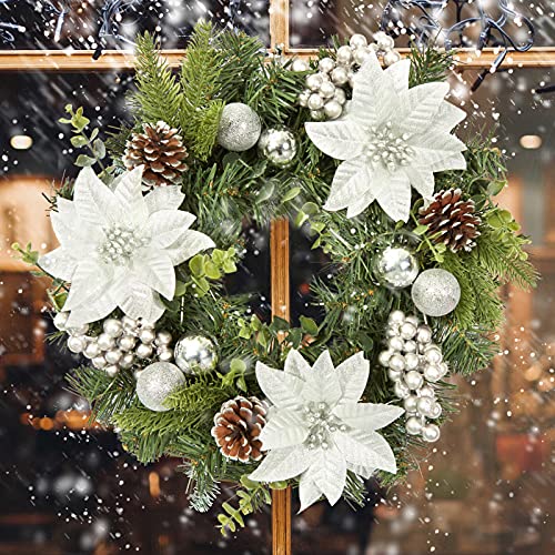 16 Inch Christmas Wreath, Front Door Outdoor Wreath with Flower Ball Ornament Pinecone Berry for Door Wall Window Fireplace Home Holiday Decoration-Silver