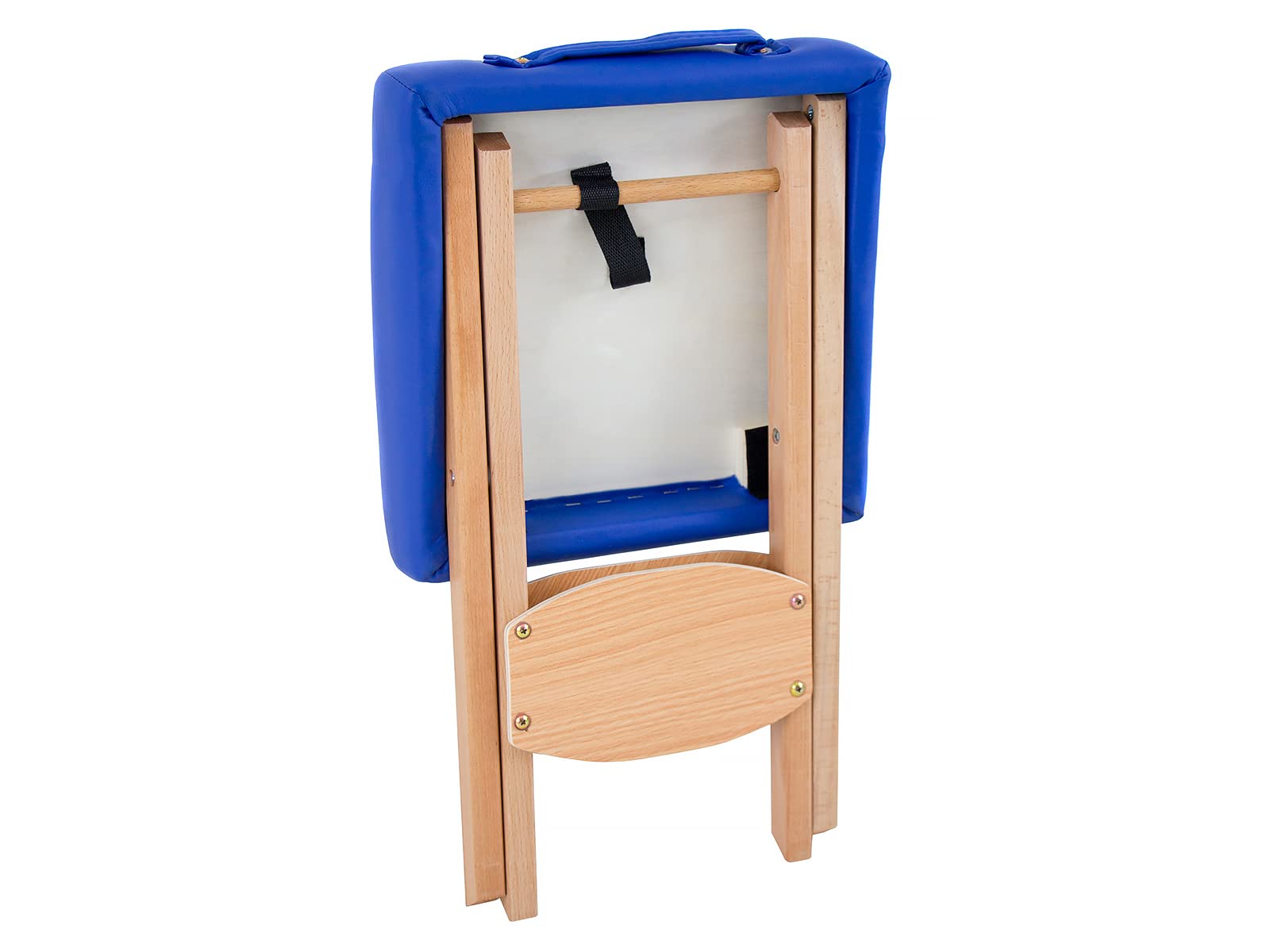 QUIRUMED Taburete Plegable de Madera con Asiento, Tapizado en Color Azul, Multiusos, Mesa Auxiliar, Reposapiés, Polipiel, Transportable, hasta 100 kg, 33 x 33 x 48