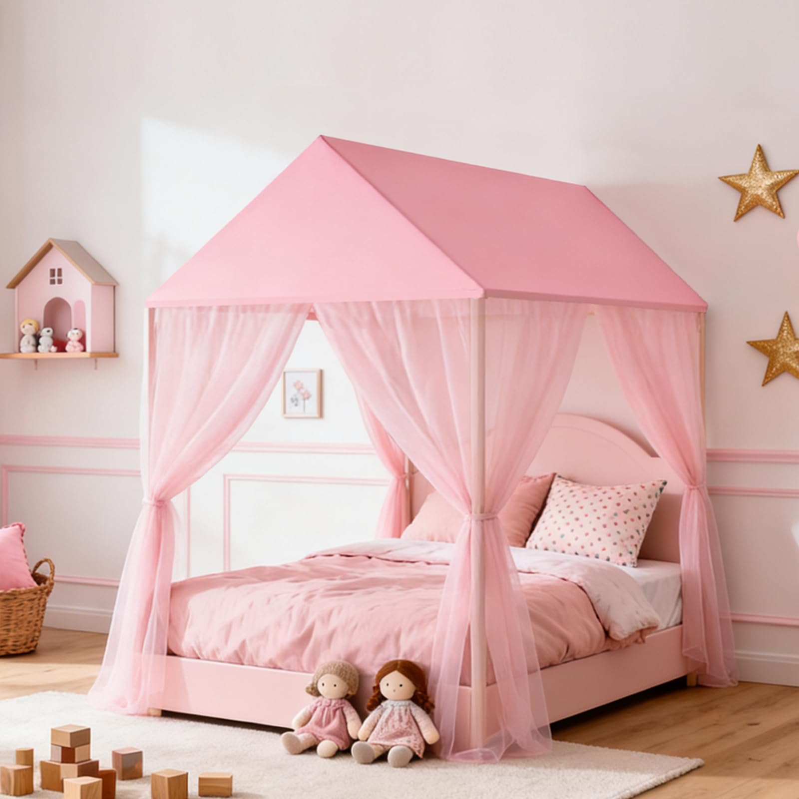 GFCC Prinzessinnen Bettvorhang für Hausbett mit rechteckigem Dach, Rosa Himmelbett Moskitonetz Baldachin als Dekoration für Mädchen Kinderzimmer – 206x98x150cm