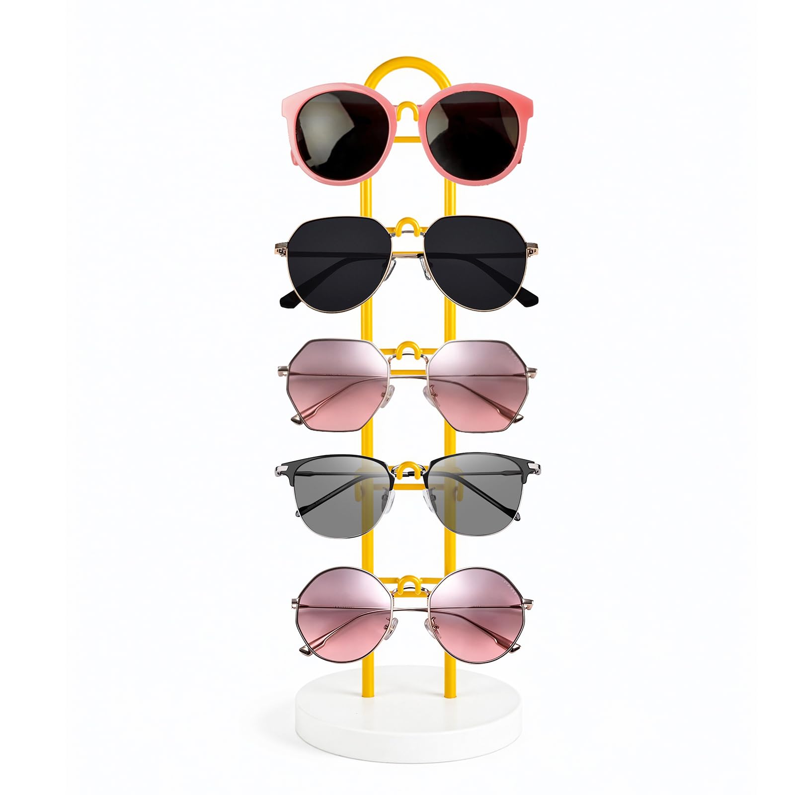 GREENSAPPIRE Sunglasses Organizer 5 Pairs Glasses Holder 34cm High Wooden Eyeglass Organizer, Multi-Tier Rack for Desk, Countertop, Store, Home Décor, with 12cm Wide Base (1.5cm Thick) (Gold)