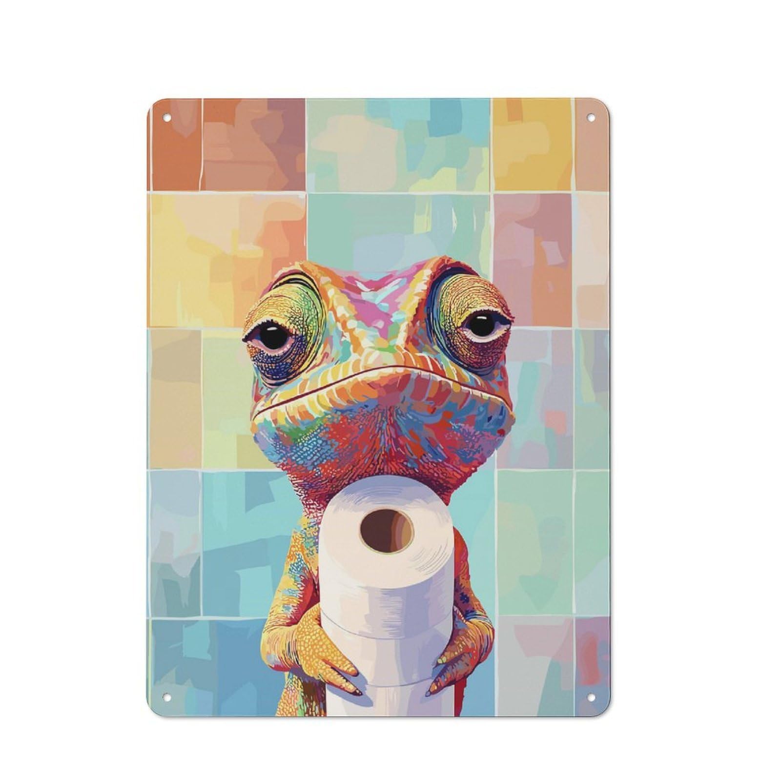 Junmoney Style-3 Colorful Chameleon Holding Toilet Paper Tin Sign 40X30cm For Workshop Wall, Vintage Wall Decor, For Metal Sign Collectors, For Garage And Workshop Walls